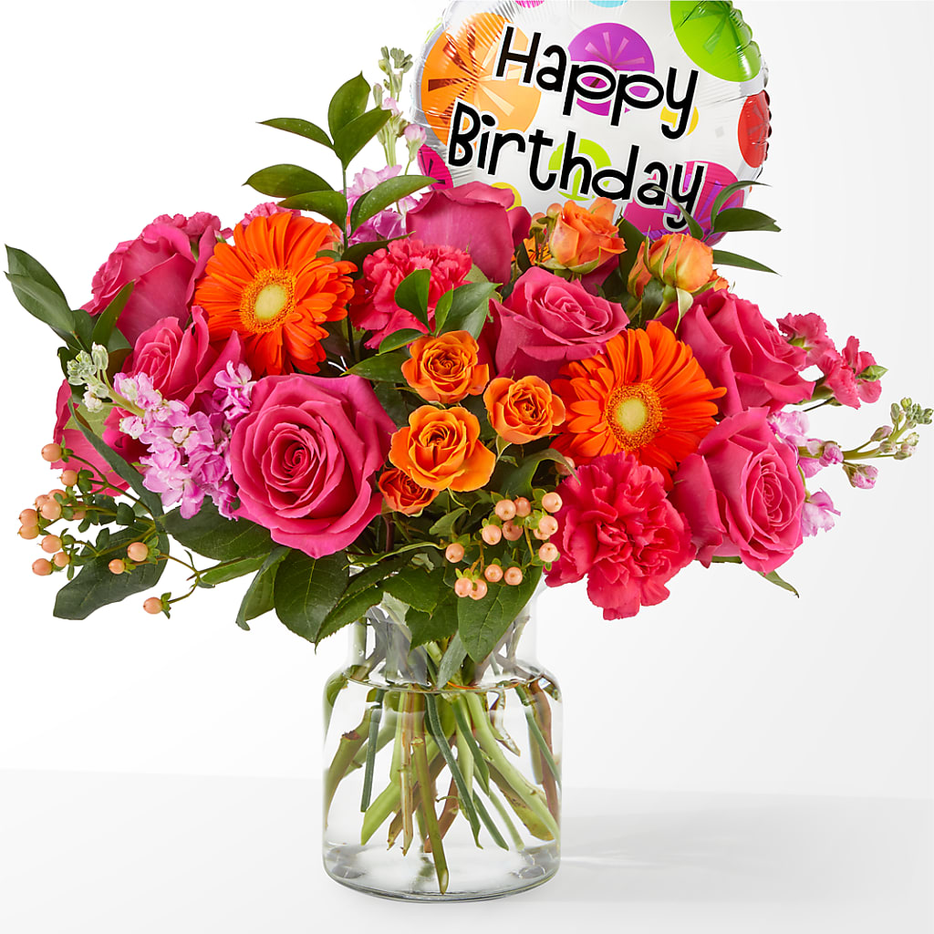 Fiesta Bouquet with Birthday Balloon – BILLY'S WITTENBERG FLORAL, Wittenberg WI
