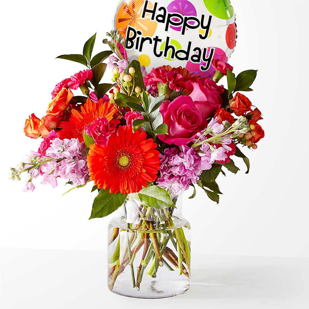 Fiesta Bouquet with Birthday Balloon – BILLY'S WITTENBERG FLORAL, Wittenberg WI