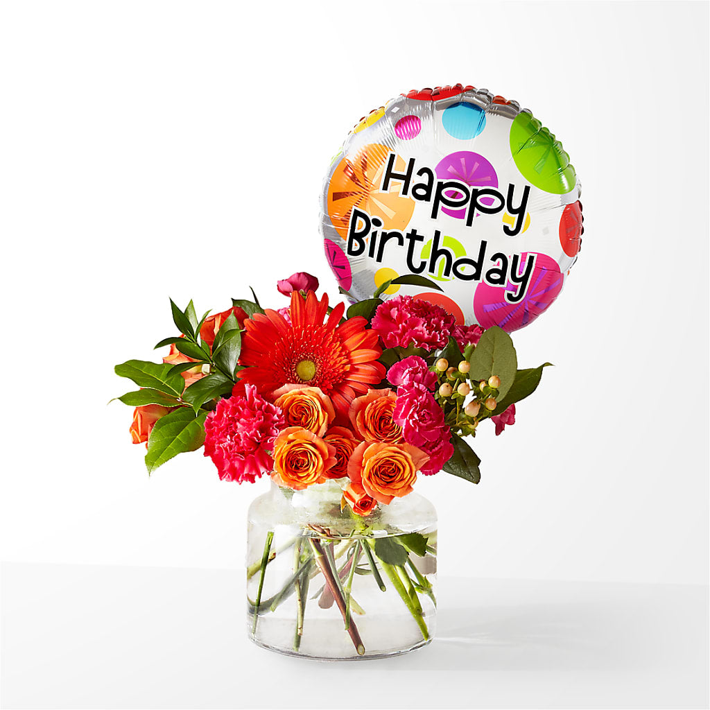 Fiesta Bouquet with Birthday Balloon – BILLY'S WITTENBERG FLORAL, Wittenberg WI