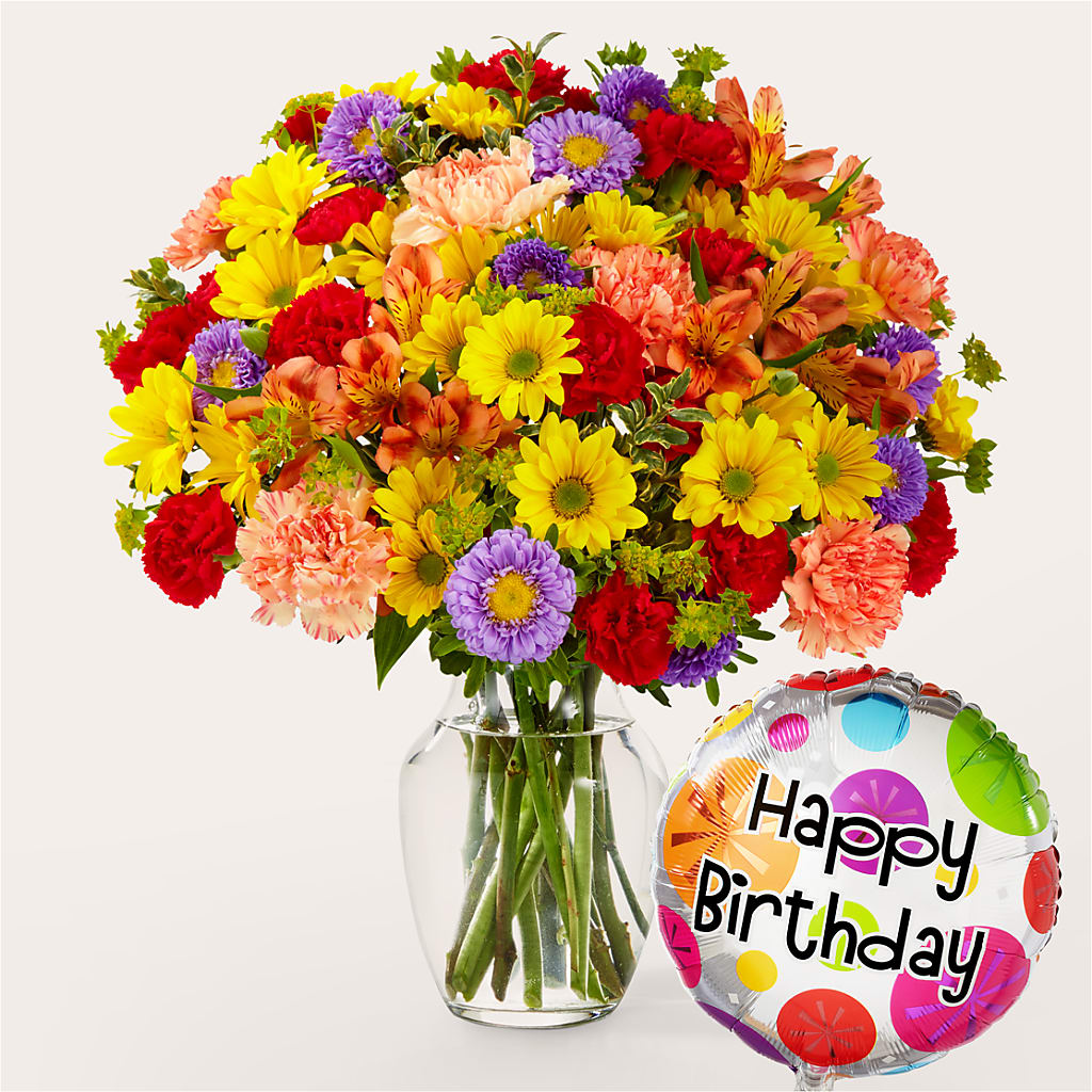 Kaleidoscope Bouquet with Birthday Balloon – BILLY'S WITTENBERG FLORAL, Wittenberg WI