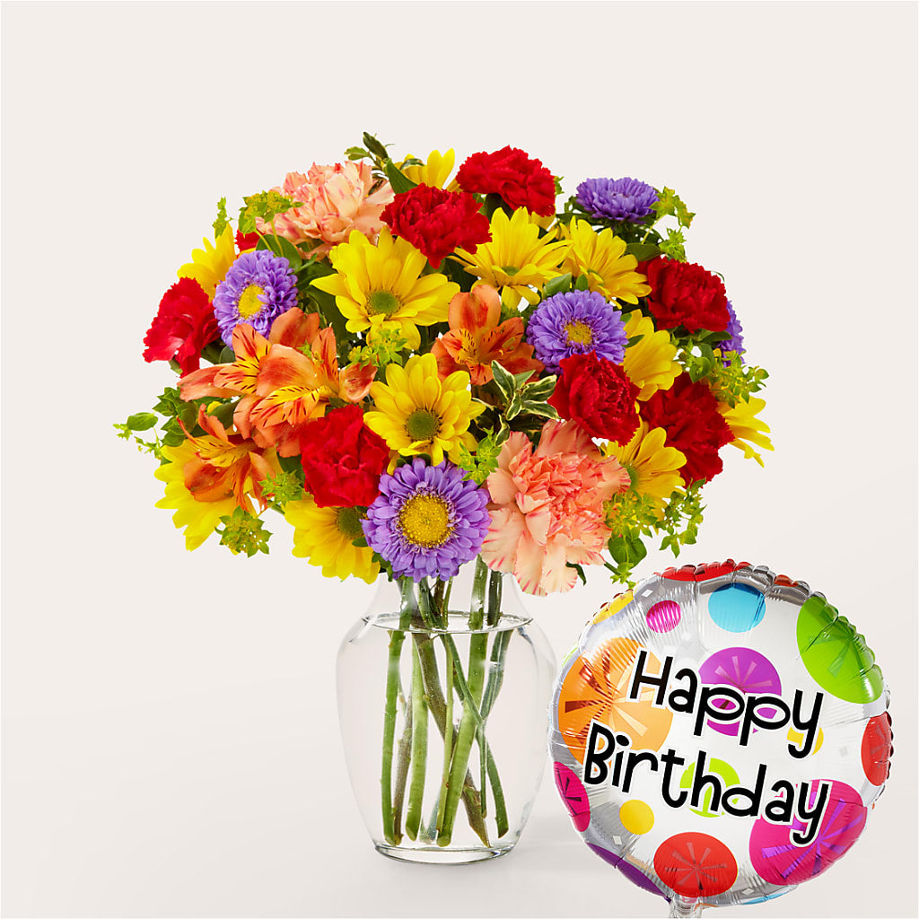 Kaleidoscope Bouquet with Birthday Balloon – BILLY'S WITTENBERG FLORAL, Wittenberg WI
