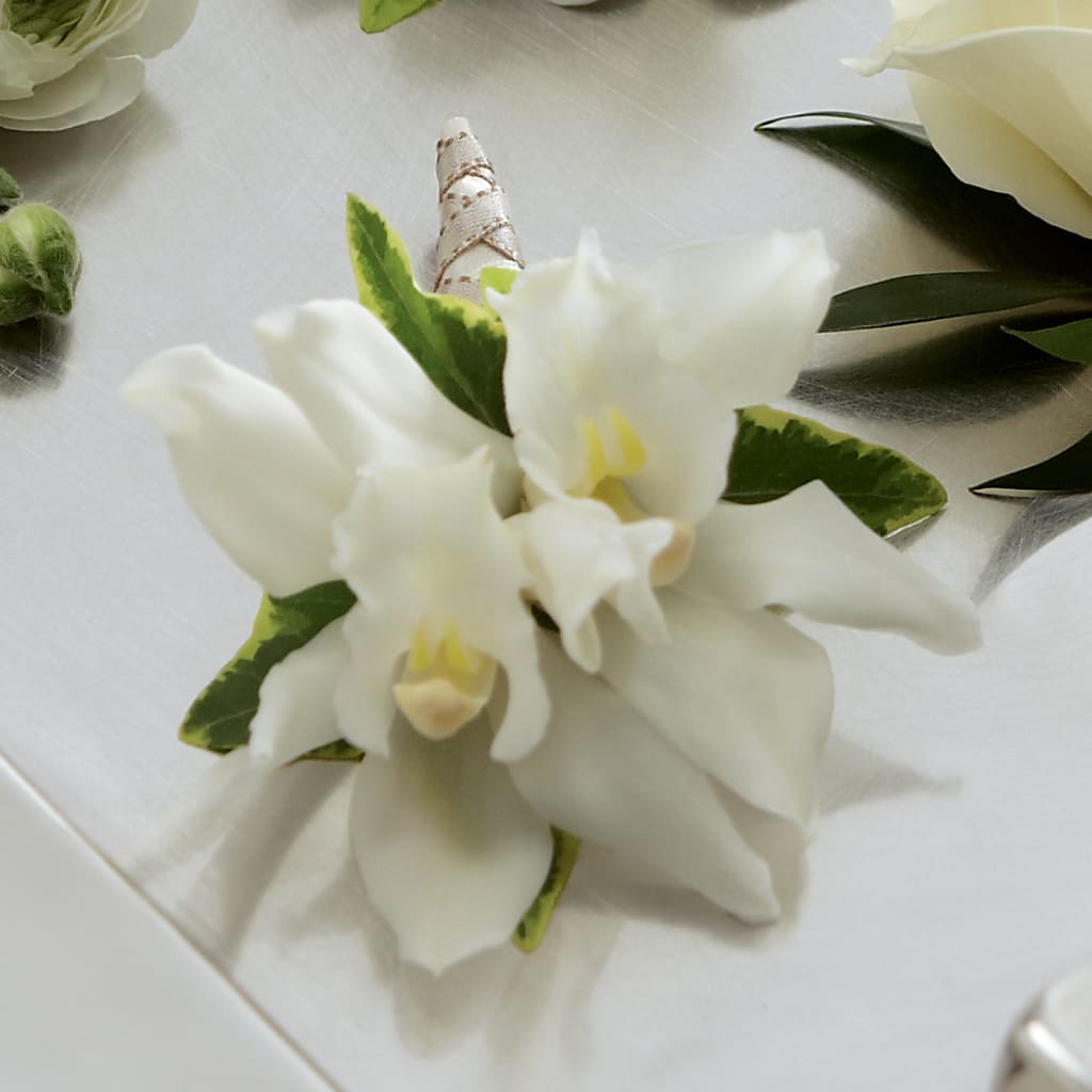 White Mini Cymbidium Boutonniere – BILLY'S WITTENBERG FLORAL, Wittenberg WI